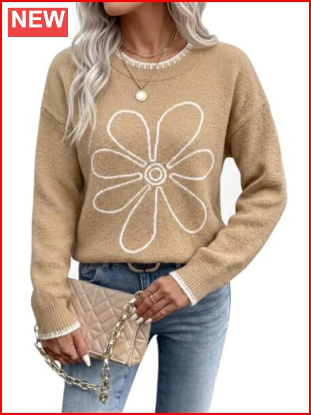 Women's Floral Oversized Knit Pullover Sweater Crew Neck Long Sleeve